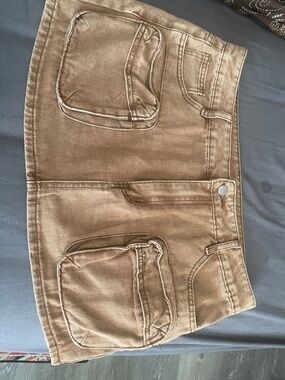 Brown Denim Mini Skirt with Front Patch Pockets